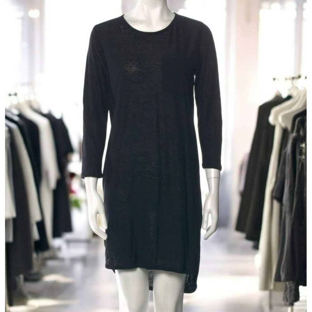 Brochu‎ Walker P  Black Linen Shift Dress  Crew Neck  Minimalist 3/4 Sleeve